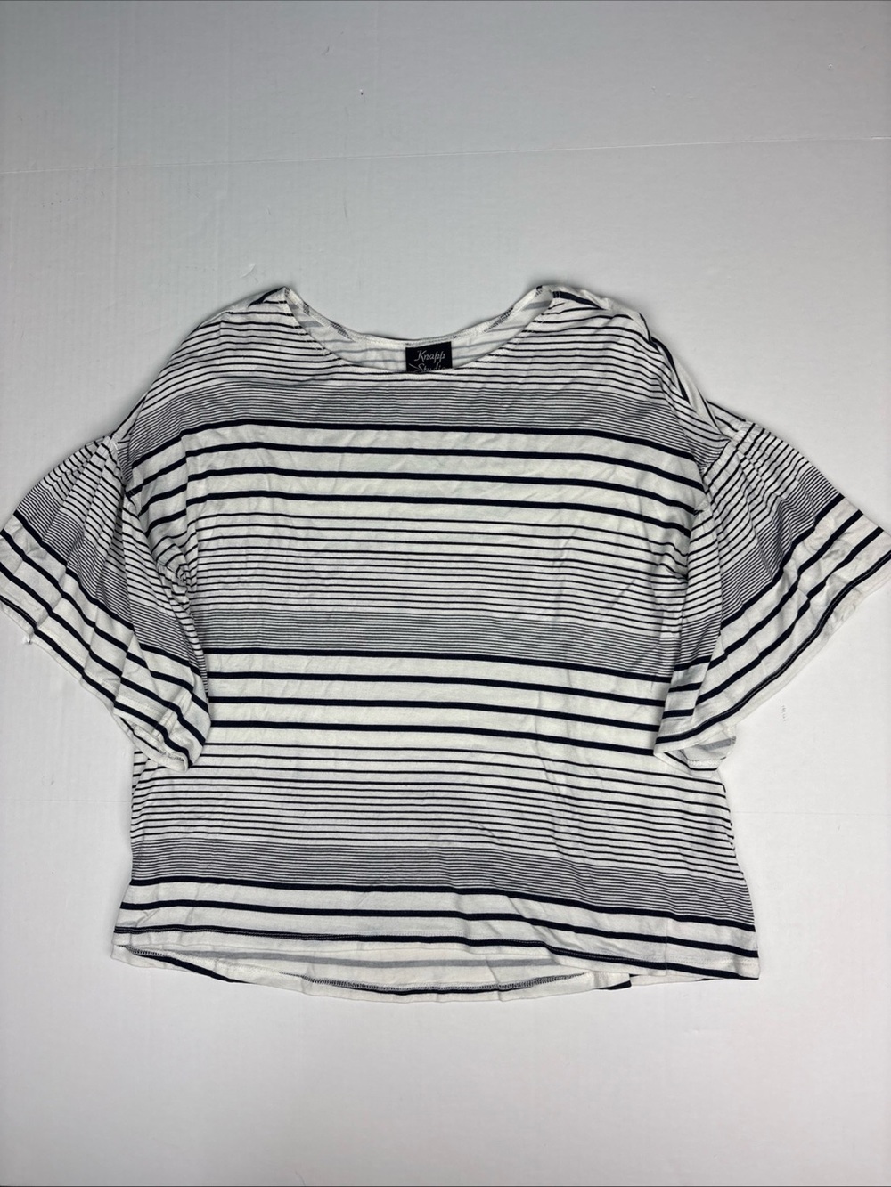 Knapp Studio Women Large Shirt Navy Blue White Stripes Ruffle Sleeve Rayon Blend